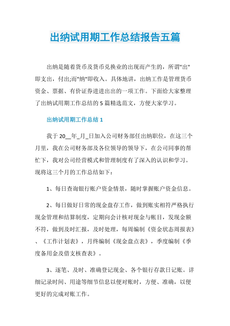 出纳试用期工作总结报告五篇.doc_第1页