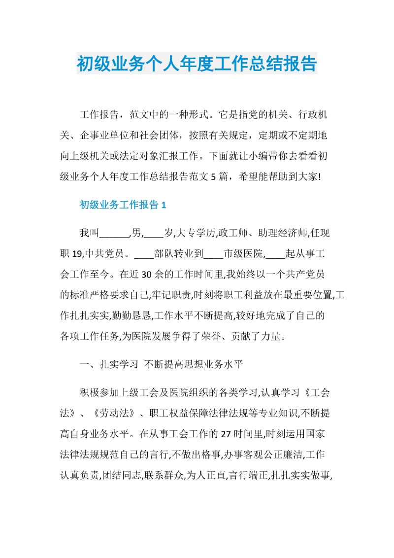 初级业务个人年度工作总结报告.doc_第1页