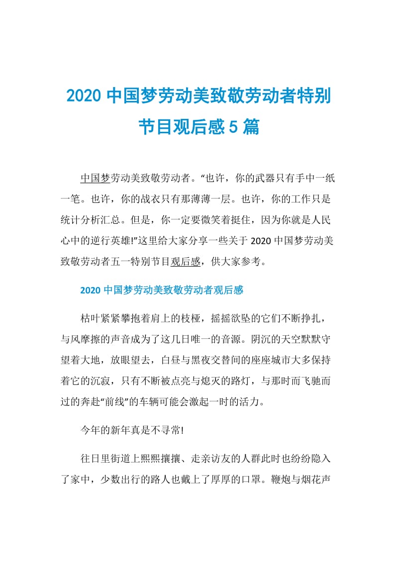 2020中国梦劳动美致敬劳动者特别节目观后感5篇.doc_第1页