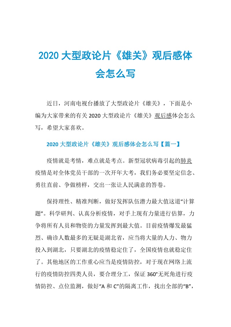 2020大型政论片《雄关》观后感体会怎么写.doc_第1页