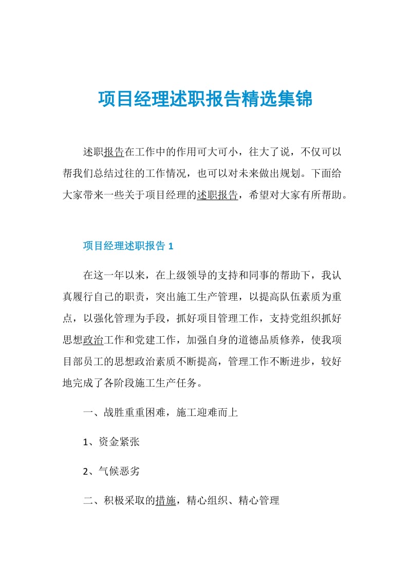 项目经理述职报告精选集锦.doc_第1页