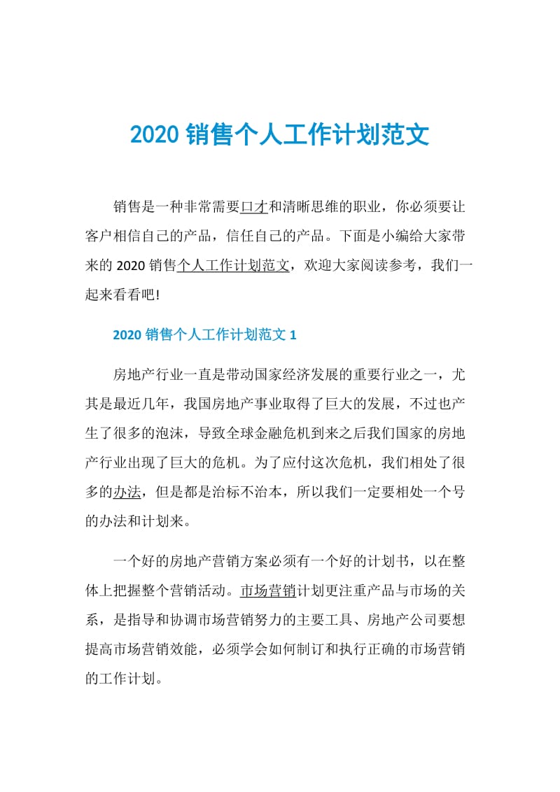 2020销售个人工作计划范文.doc_第1页