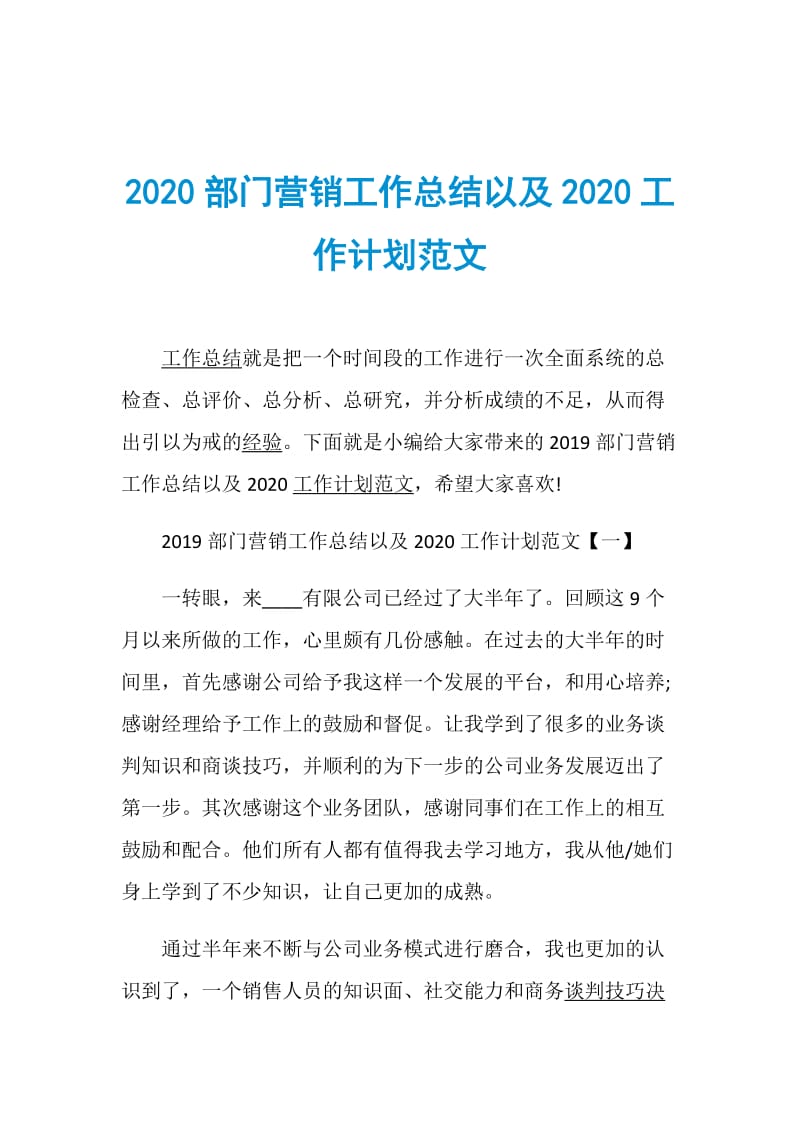 2020部门营销工作总结以及2020工作计划范文.doc_第1页