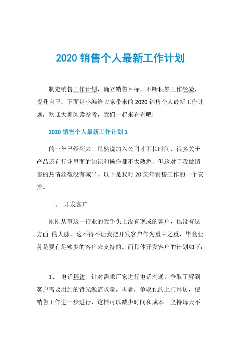 2020销售个人最新工作计划.doc_第1页