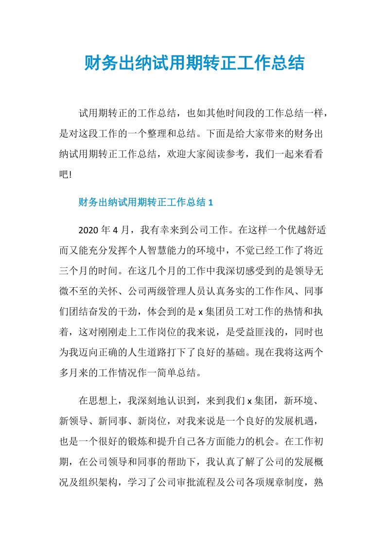 财务出纳试用期转正工作总结.doc_第1页