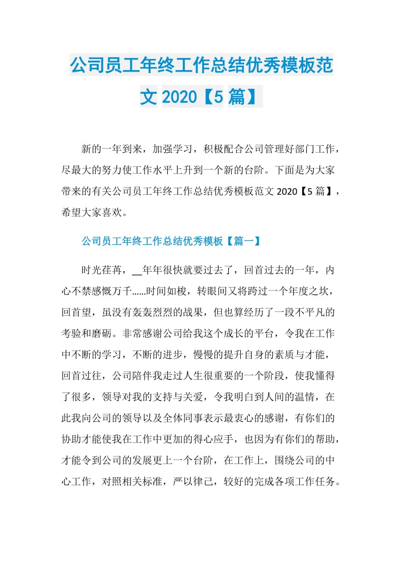 公司员工年终工作总结优秀模板范文2020【5篇】.doc_第1页