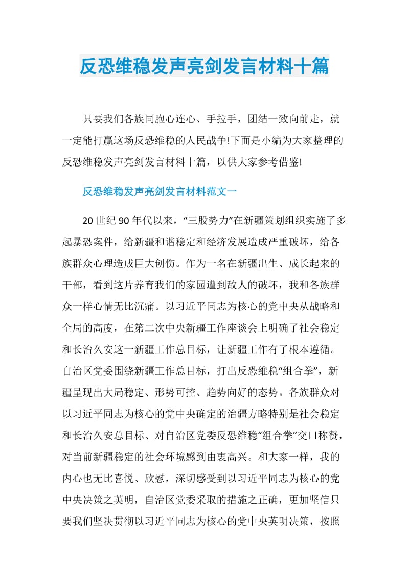 反恐维稳发声亮剑发言材料十篇.doc_第1页