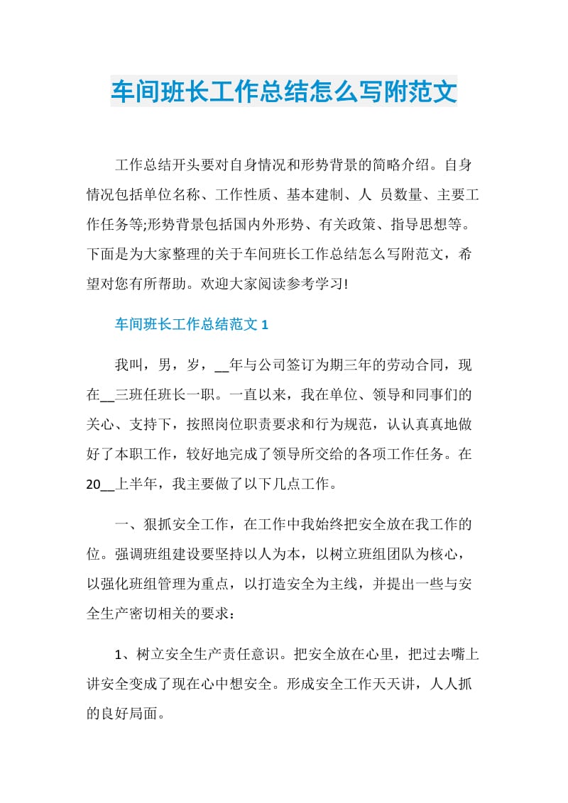 车间班长工作总结怎么写附范文.doc_第1页