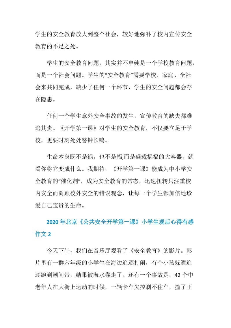 2020年北京《公共安全开学第一课》小学生观后心得有感作文5篇.doc_第2页