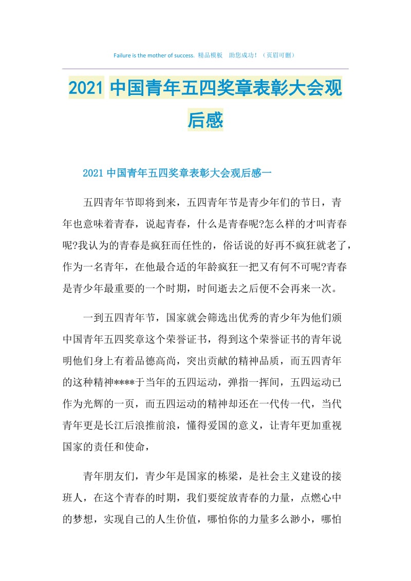 2021中国青年五四奖章表彰大会观后感.doc_第1页