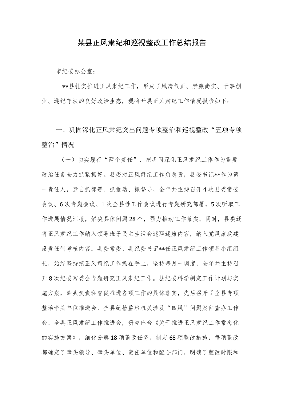 2022某县正风肃纪和巡视整改工作总结报告.docx_第1页