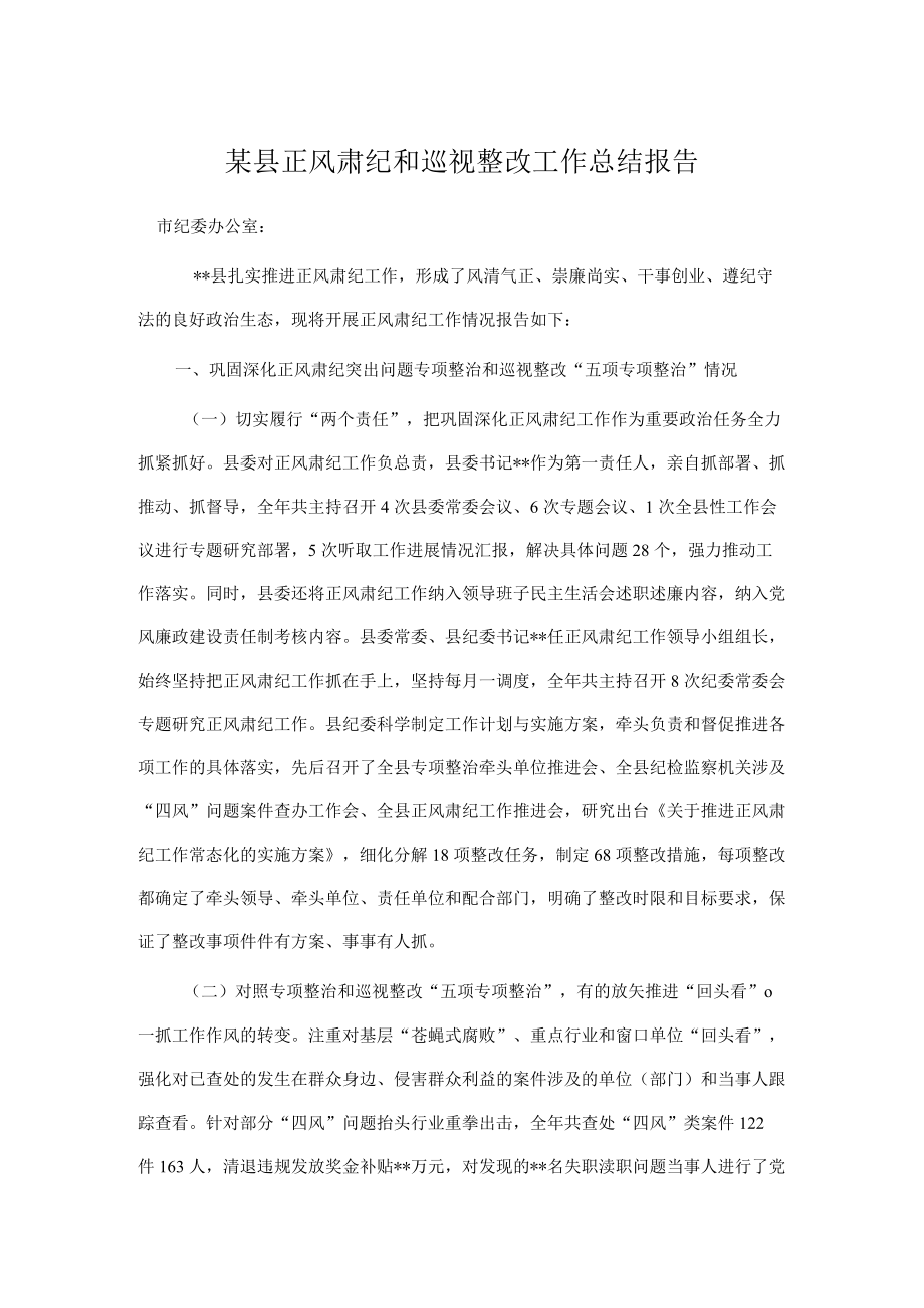 某县正风肃纪和巡视整改工作总结报告.docx_第1页