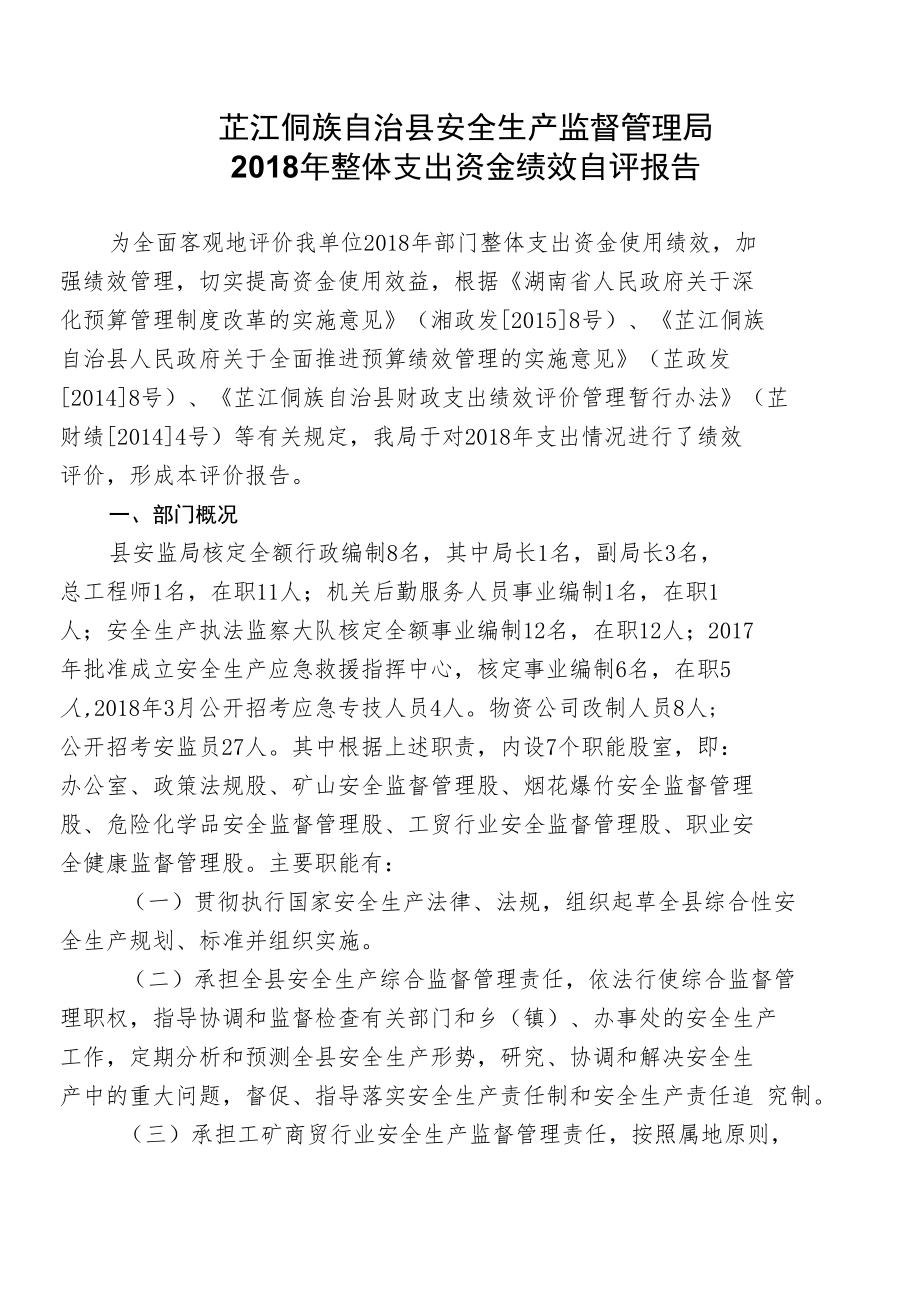 芷江侗族自治县安全生产监督管理局2018年整体支出资金绩效自评报告.docx_第1页