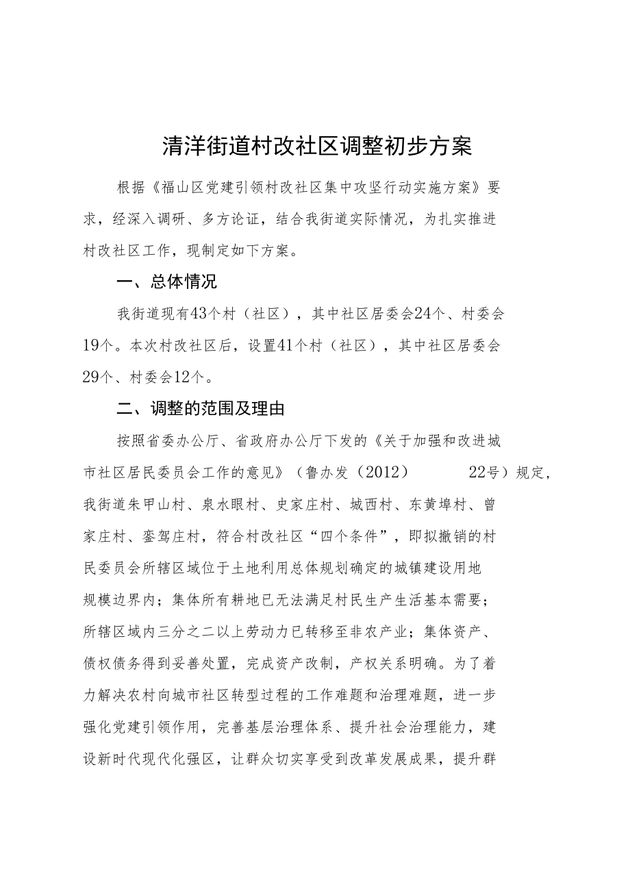 清洋街道村改社区调整初步方案.docx_第1页