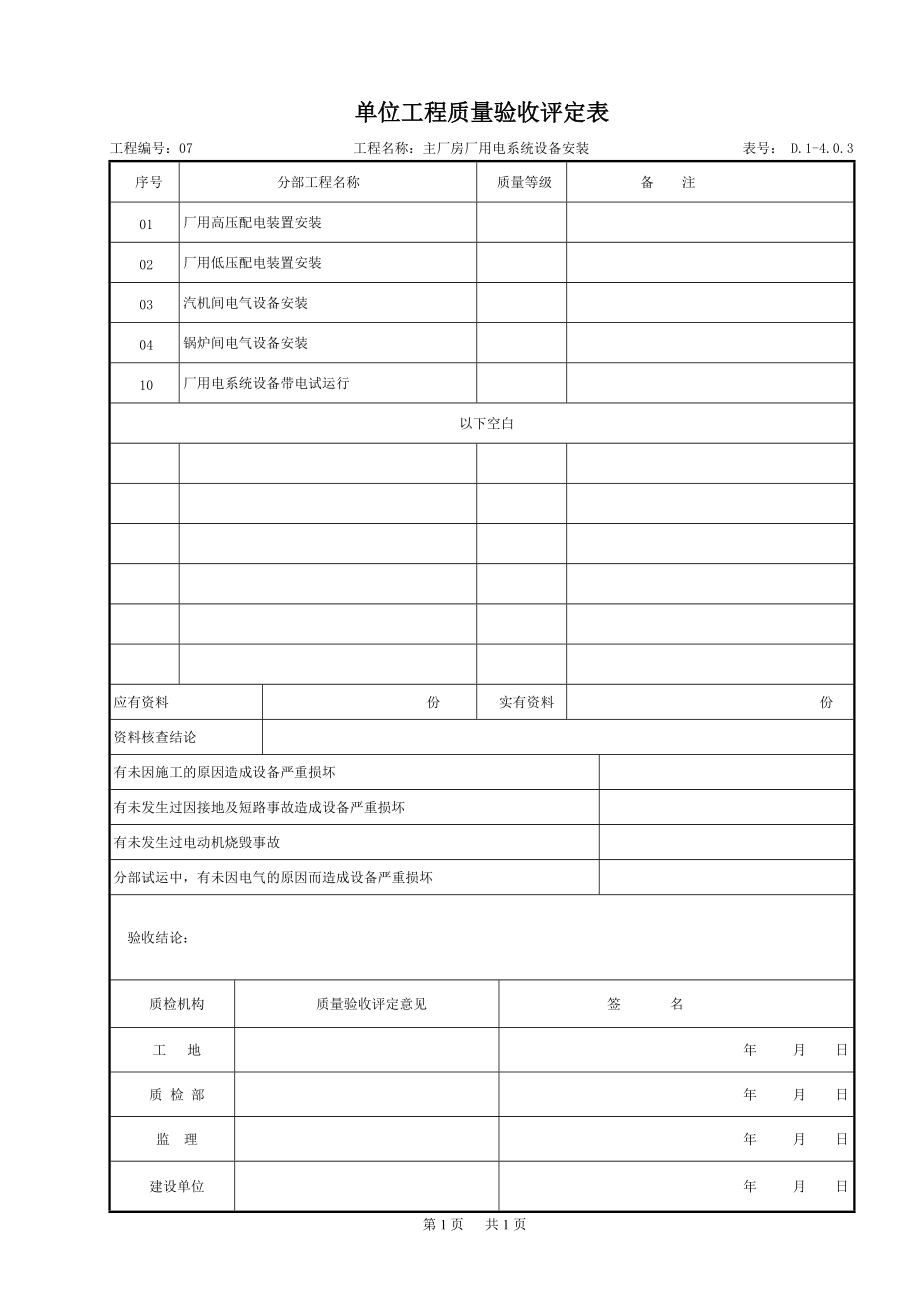 主厂房厂用电系统设备安装质量验收评定表.docx_第1页