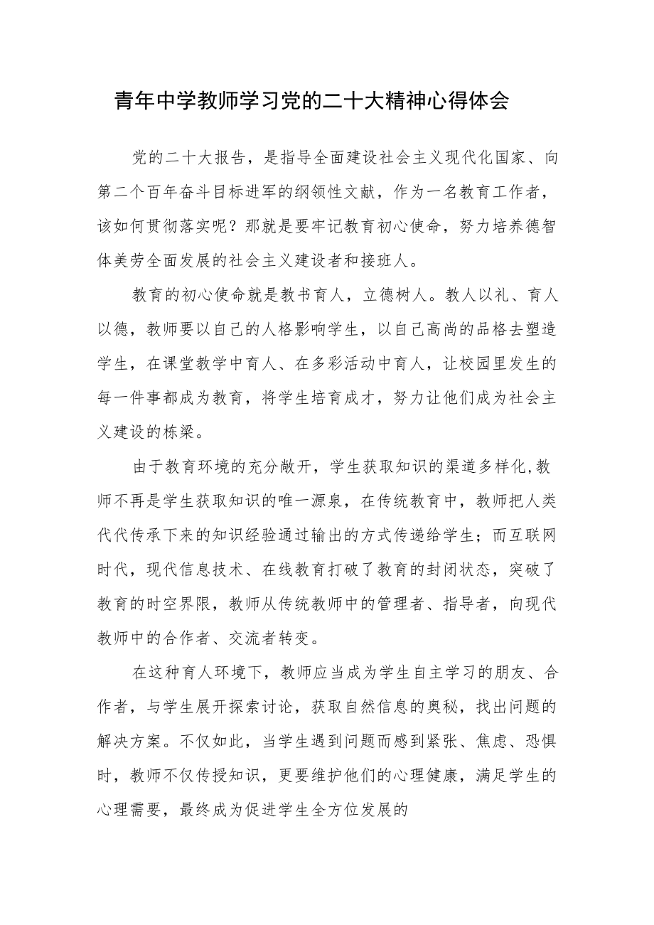 青年中学教师学习党的二十大精神心得体会（四）.docx_第1页