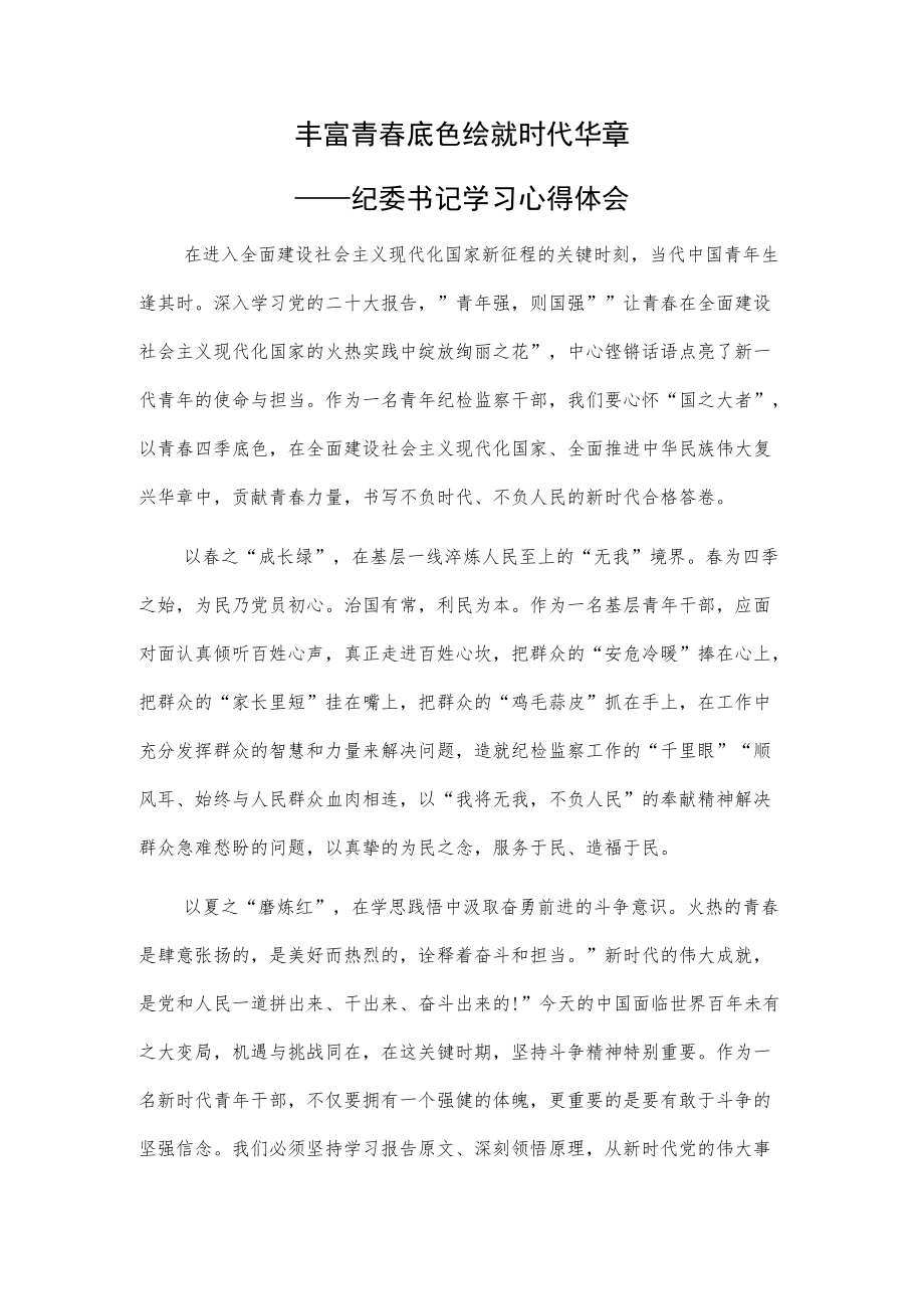 丰富青春底色绘就时代华章——纪委书记学习心得体会.docx_第1页