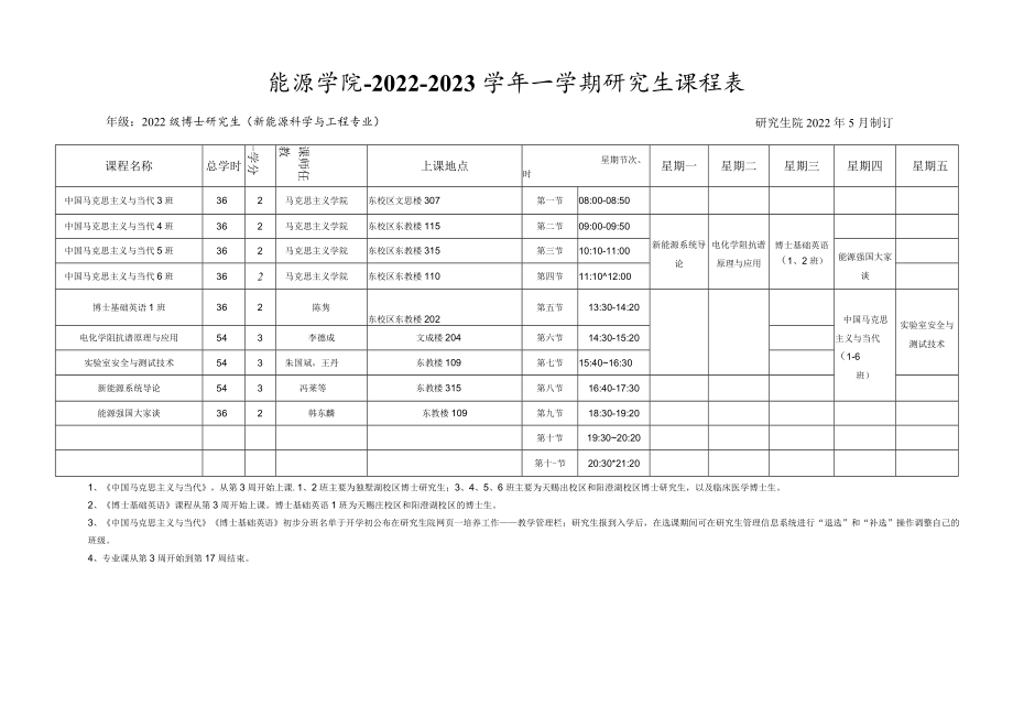 能源学院--2022-2023学年一学期研究生课程表.docx_第1页