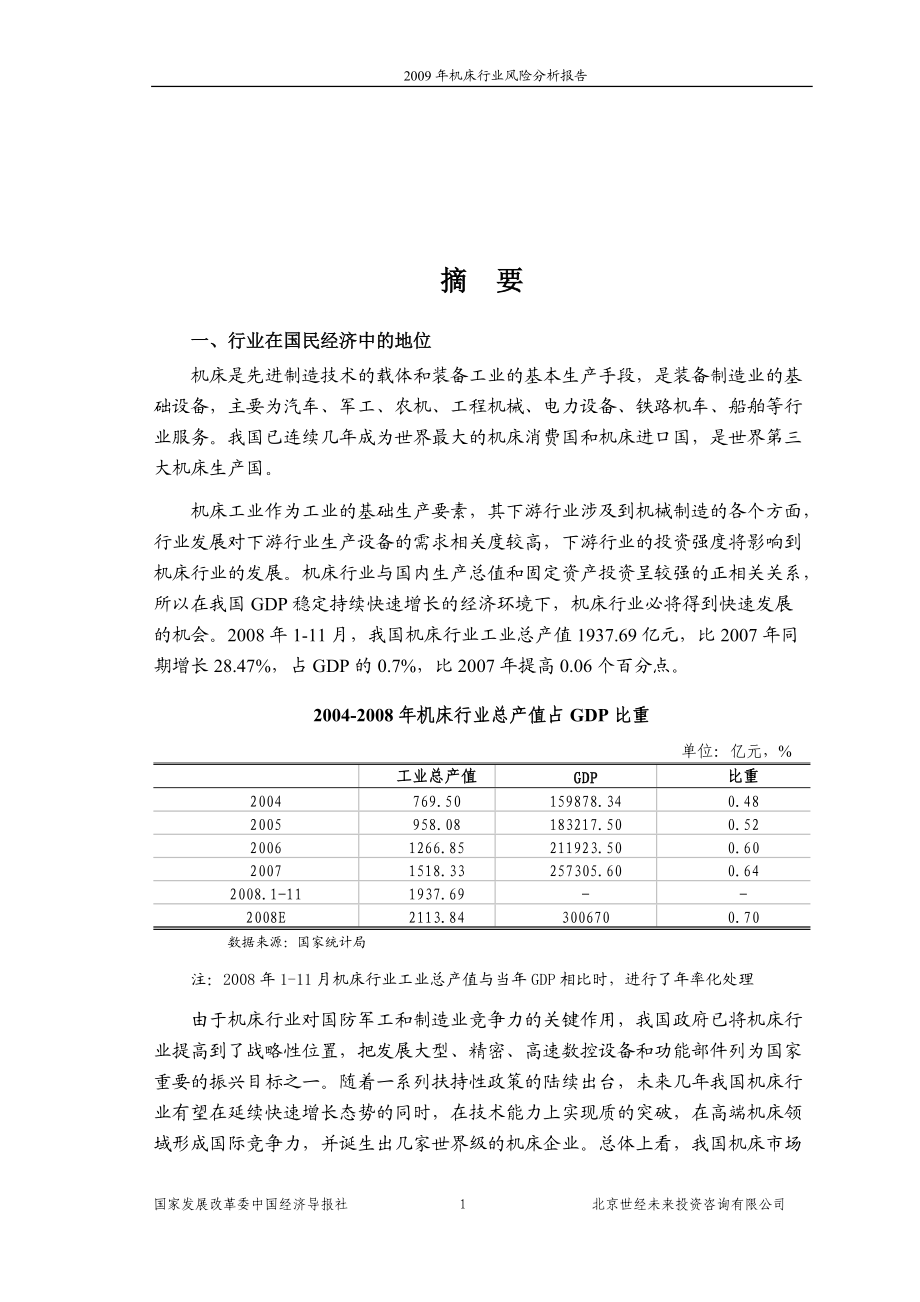 j2009年机床行业风险分析报告.docx_第1页