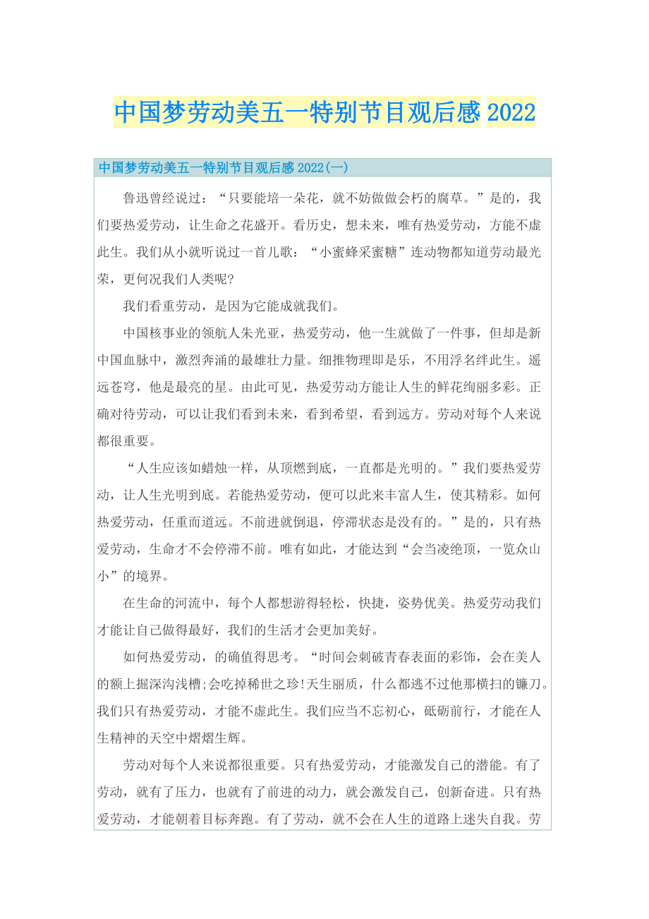 中国梦劳动美五一特别节目观后感2022.doc_第1页