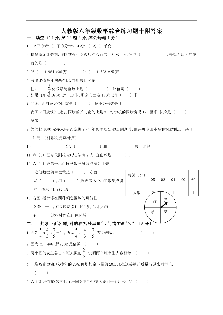 人教版六级数学综合练习题十附答案.doc_第1页