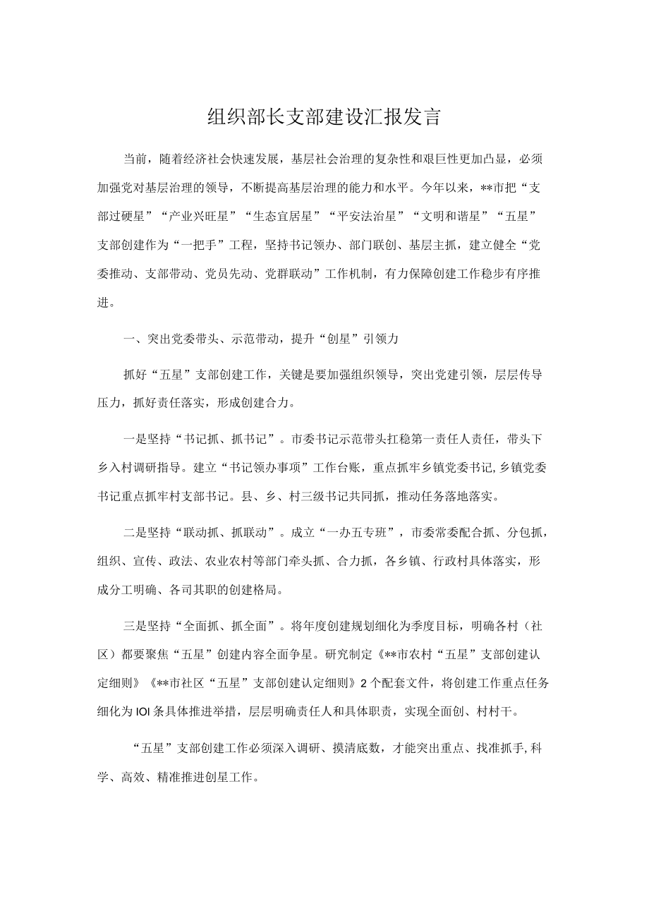 组织部长支部建设汇报发言.docx_第1页