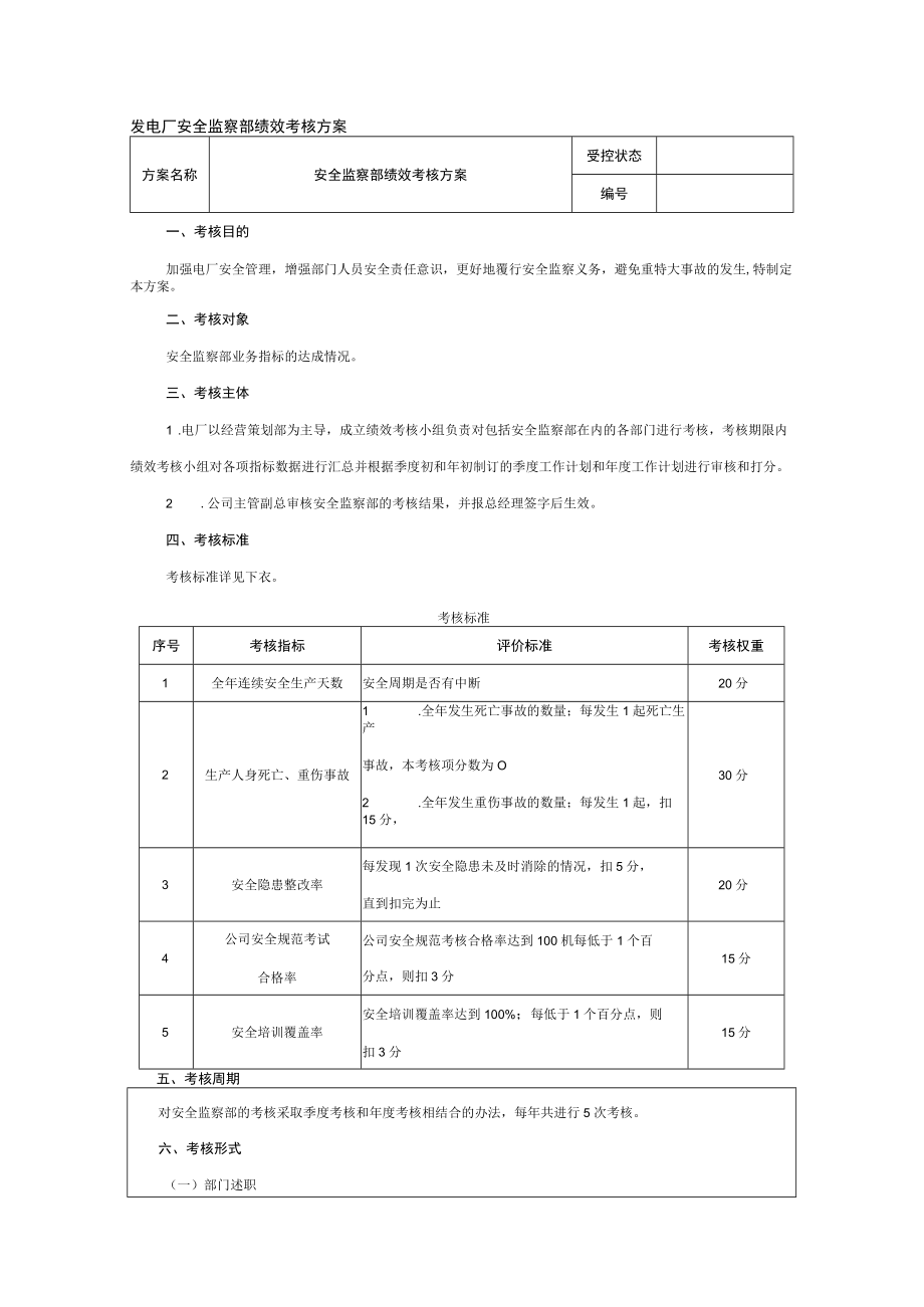 发电厂安全监察部绩效考核方案.docx_第1页