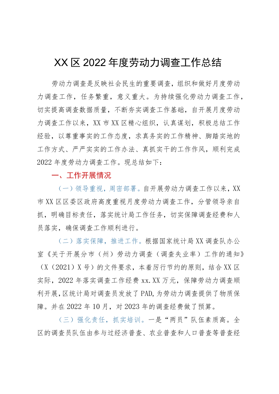 XX区2022年度劳动力调查工作总结.docx_第1页