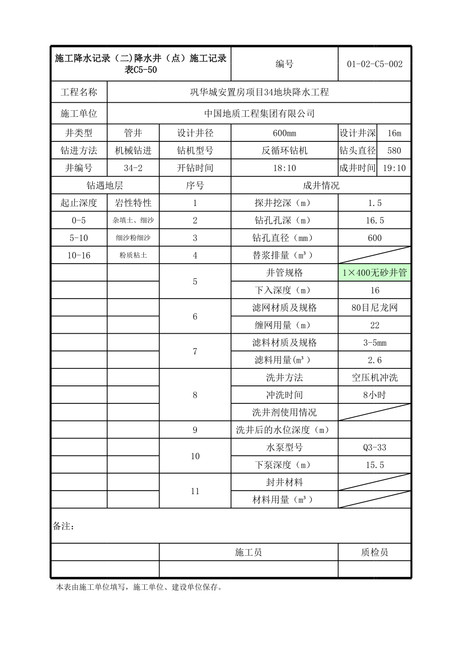 北京某安置房项目降水工程降水井(点)施工记录表.xls_第2页