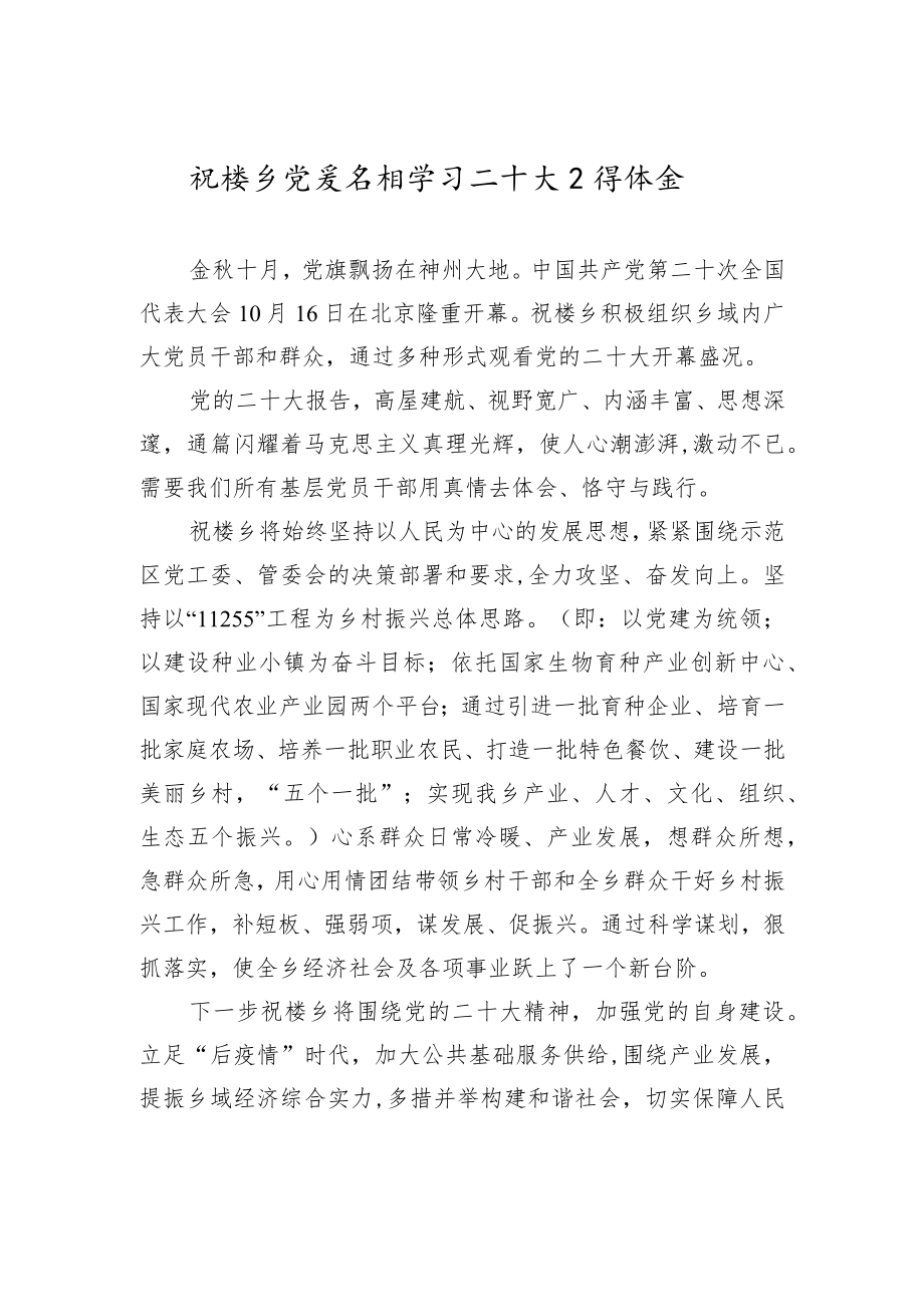 祝楼乡党委书记学习二十大心得体会（20221019）.docx_第1页