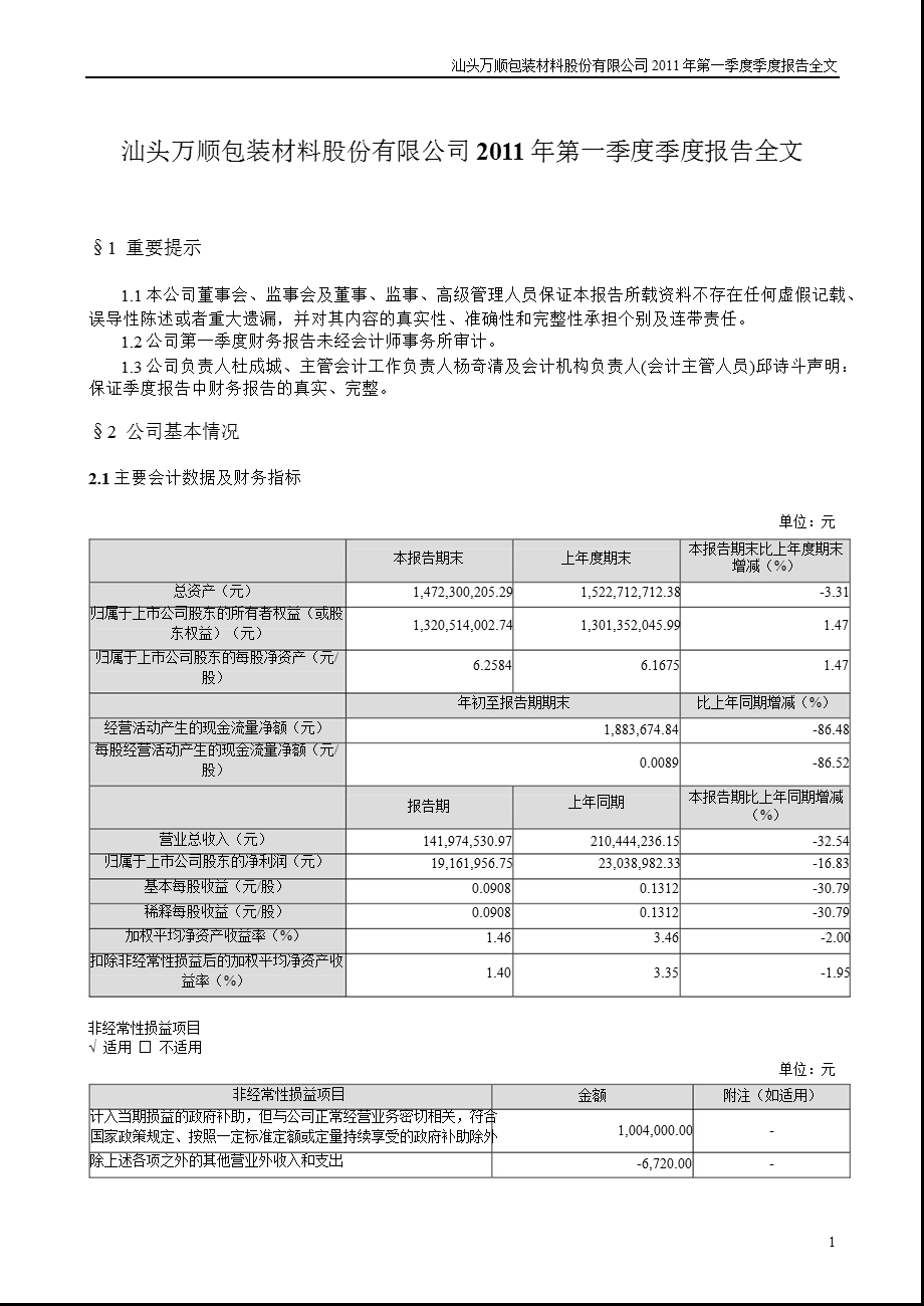 万顺股份：第一季度报告全文.ppt_第1页