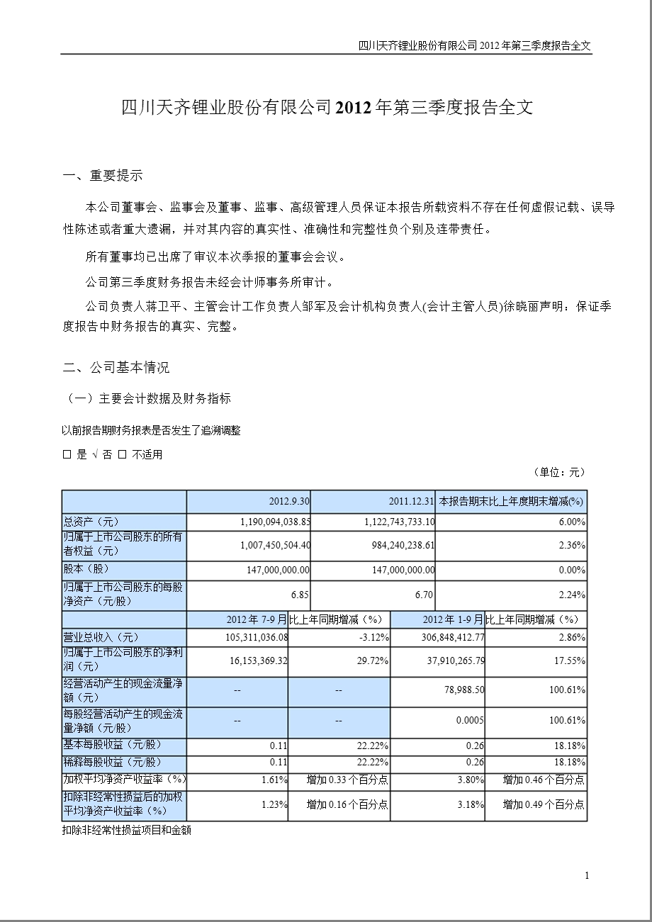 天齐锂业：2012年第三季度报告全文.ppt_第1页