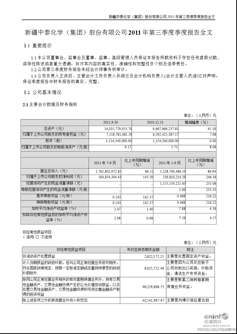 中泰化学：2011年第三季度报告全文.ppt_第1页