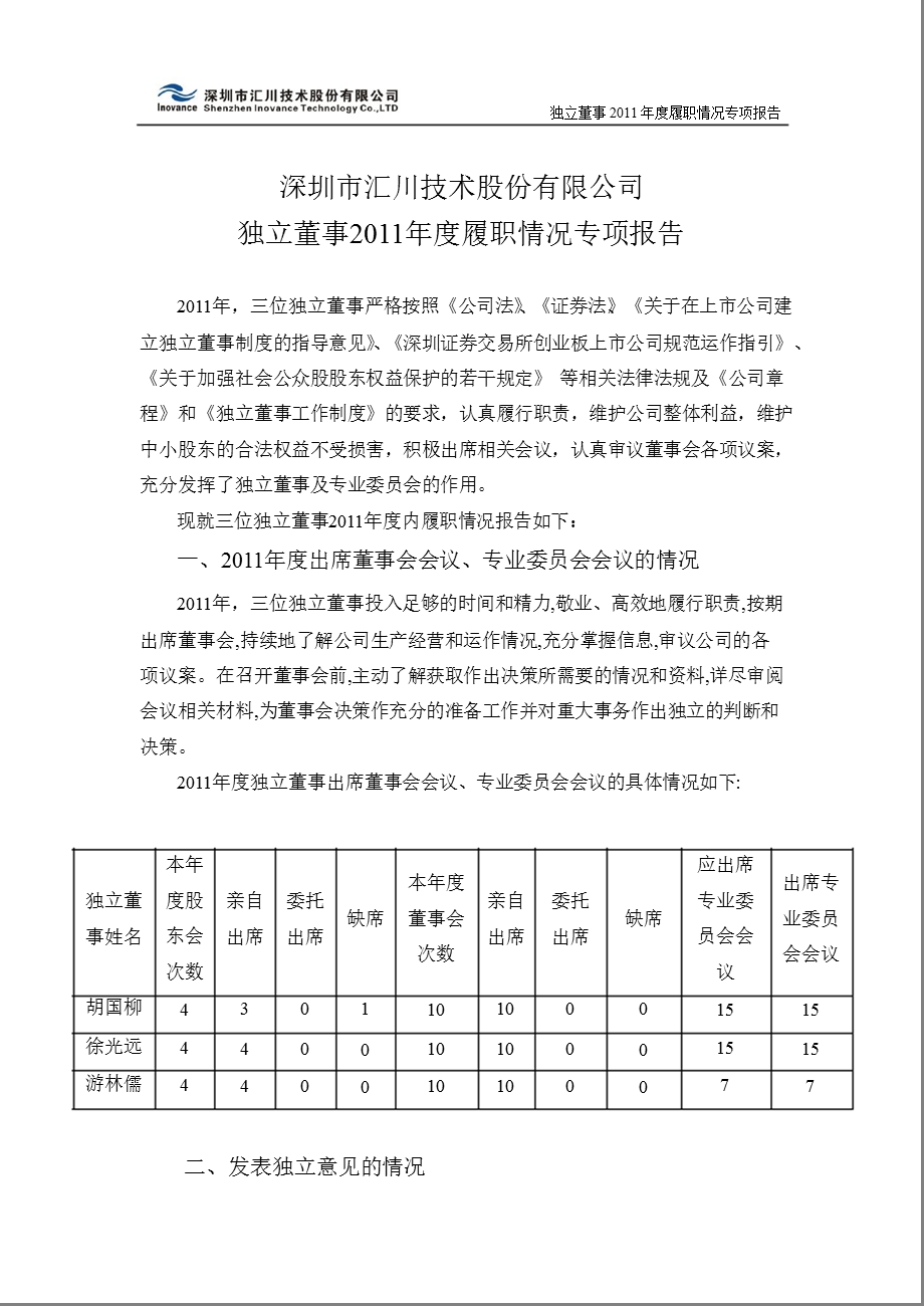 汇川技术：独立董事2011年度履职情况专项报告.ppt_第1页