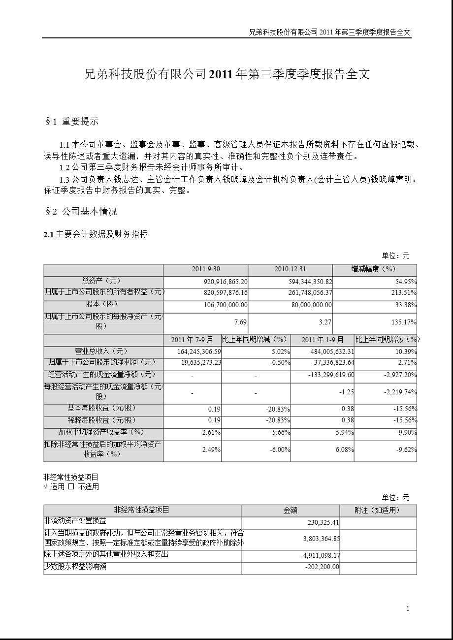 兄弟科技：2011年第三季度报告全文.ppt_第1页