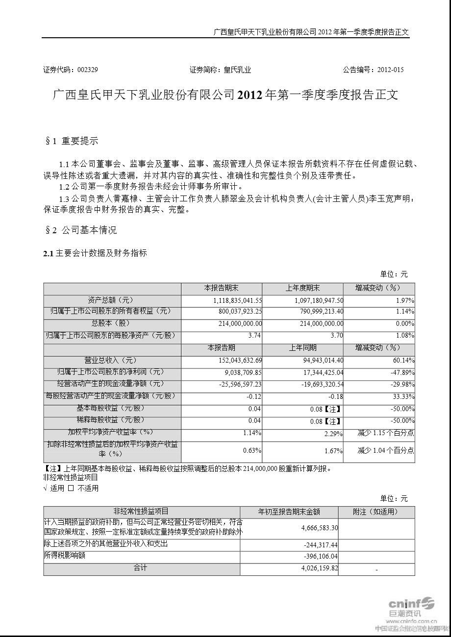 皇氏乳业：2012年第一季度报告正文.ppt_第1页