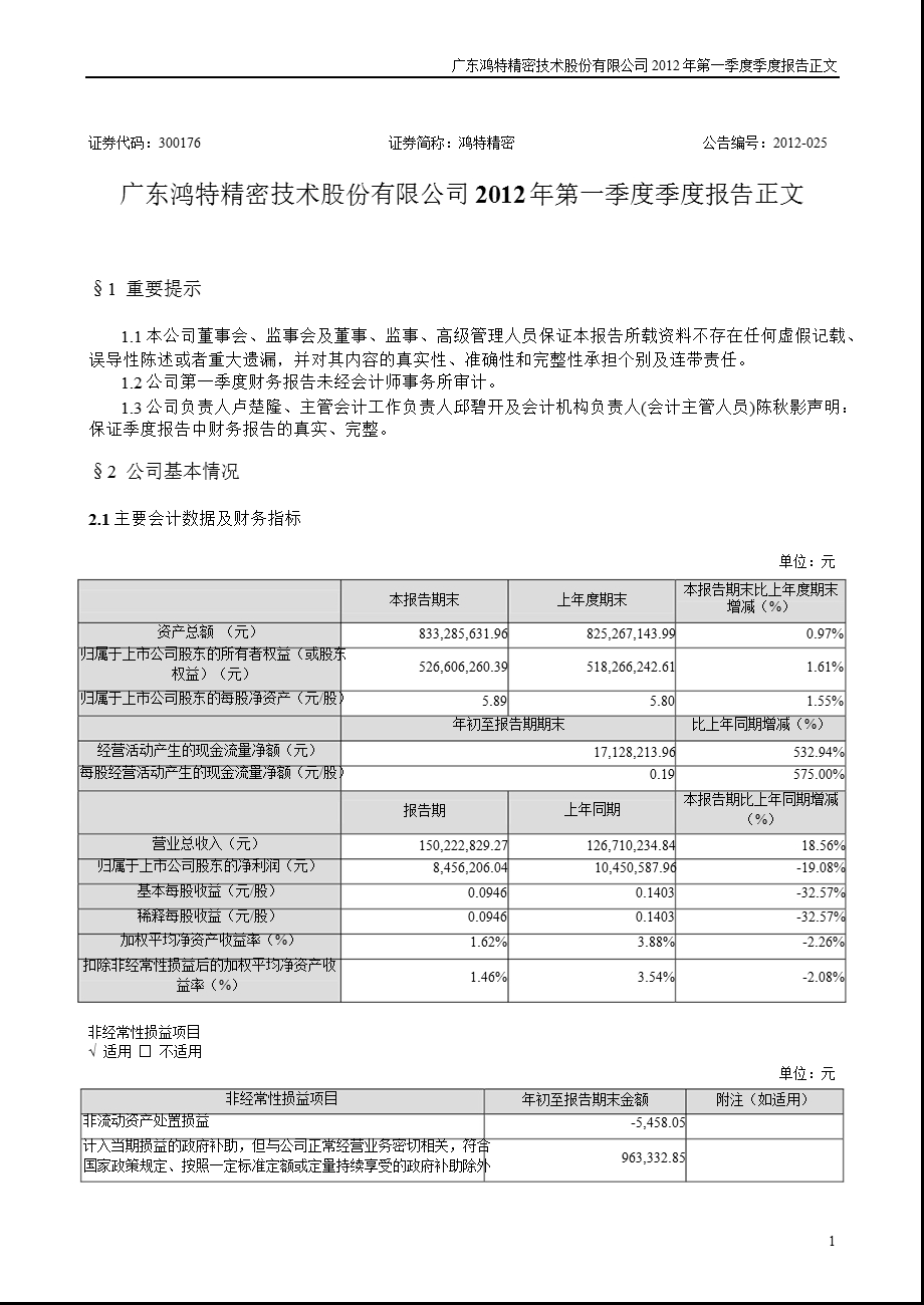 鸿特精密：2012年第一季度报告正文.ppt_第1页