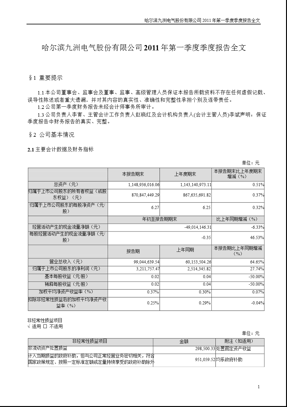 九洲电气：2011年第一季度报告全文.ppt_第1页