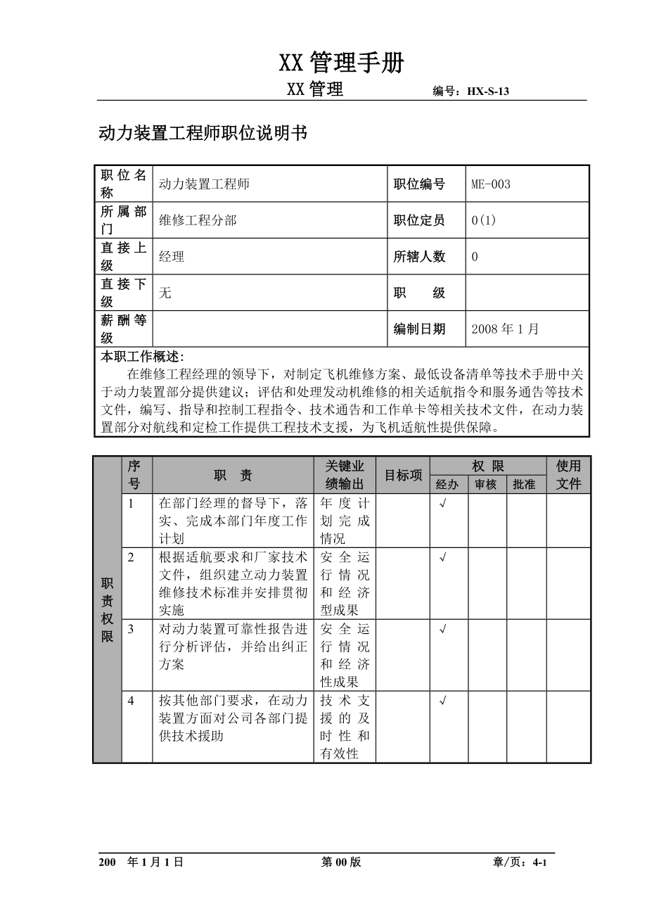 某航空物流公司动力装置工程师职位说明书及关键绩效标准.docx_第1页