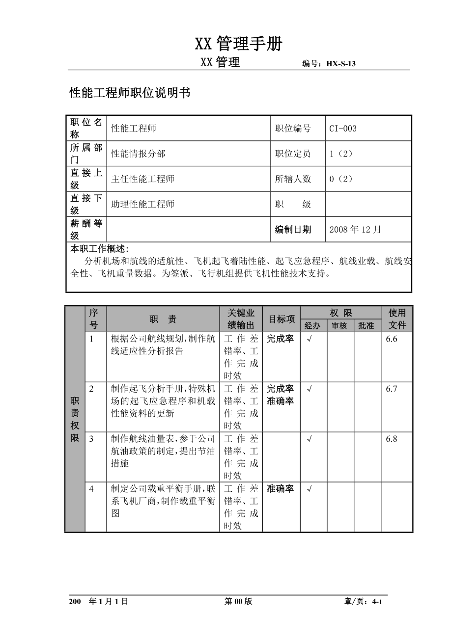 某航空物流公司性能工程师职位说明书及关键绩效标准.docx_第1页