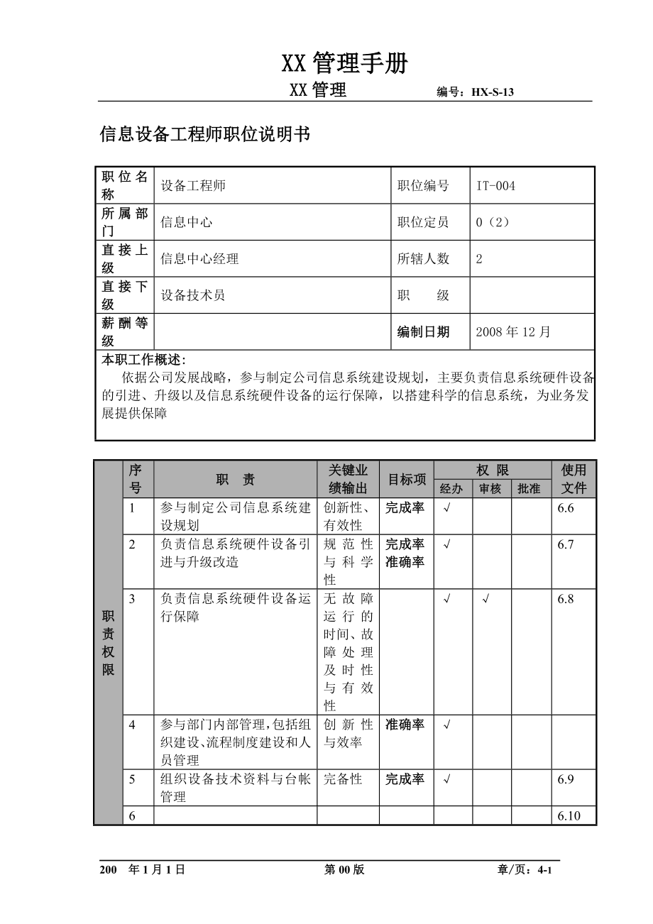 某航空物流公司信息设备工程师职位说明书及关键绩效标准.docx_第1页