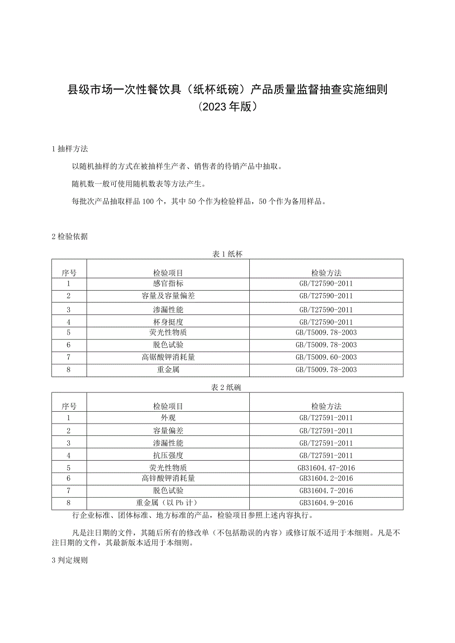 【精品范文】2023版县级市场一次性餐饮具(纸杯纸碗)产品质量监督抽查实施细则.docx_第1页