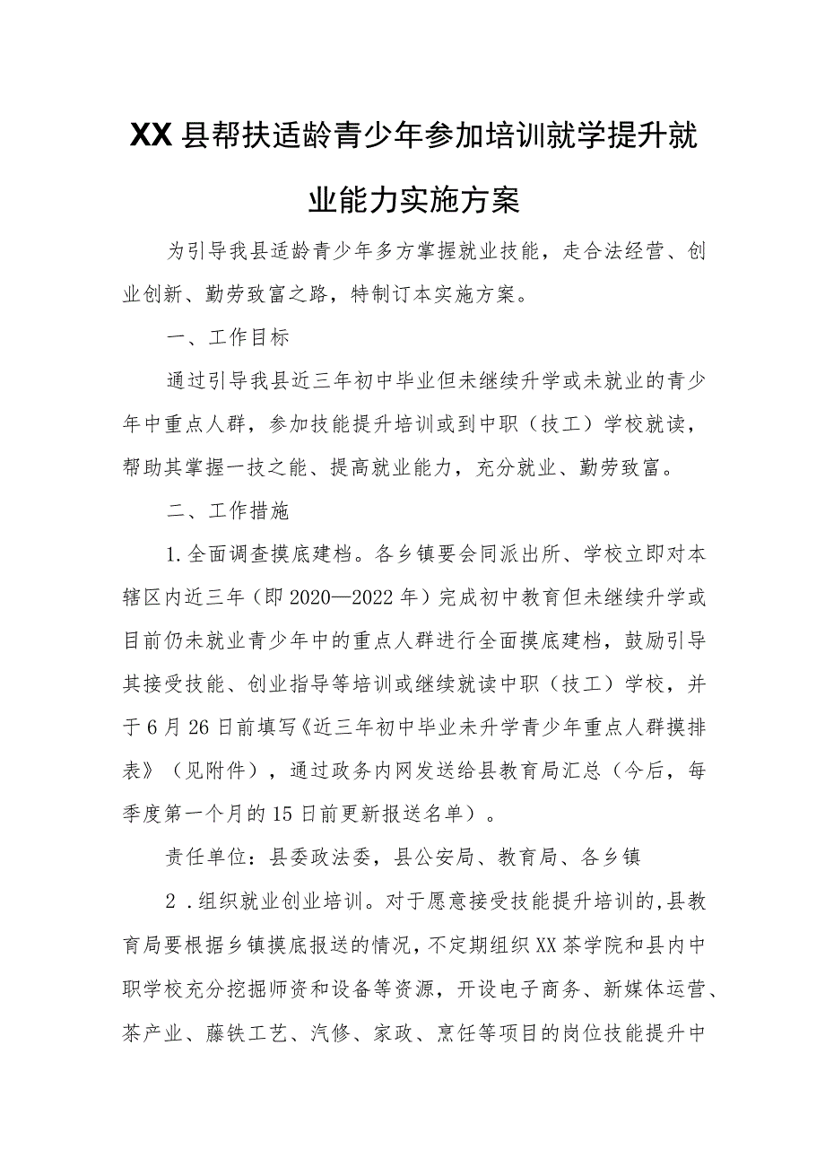 XX县帮扶适龄青少年参加培训就学提升就业能力实施方案 .docx_第1页