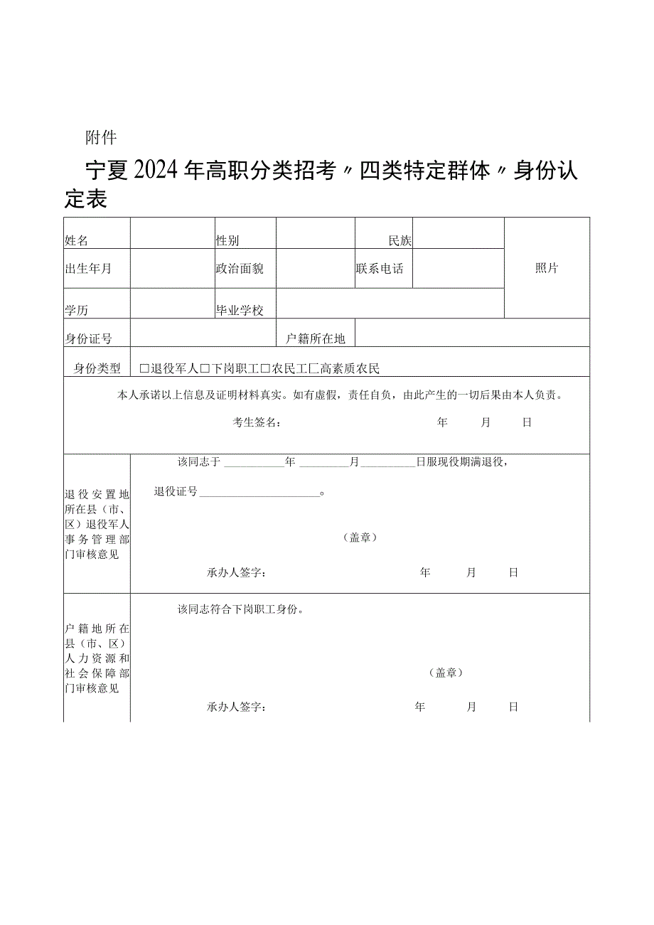 宁夏2024年高职分类招考“四类特定群体”身份认定表.docx_第1页