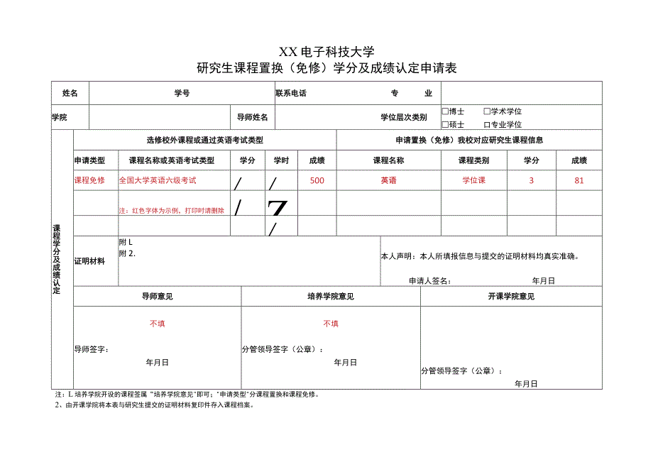 XX电子科技大学研究生课程置换（免修）学分及成绩认定申请表.docx_第1页