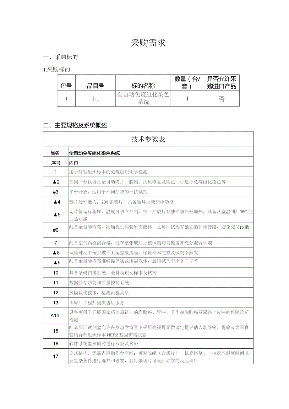 采购需求采购标的采购标的是否允许采购进口产品主要规格及系统概述技术参数表.docx_第1页