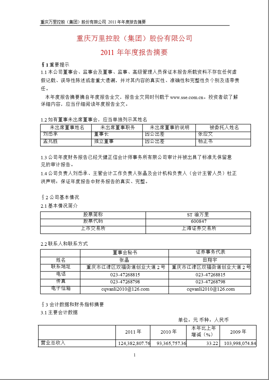 600847_2011ST渝万里年报摘要.ppt_第1页