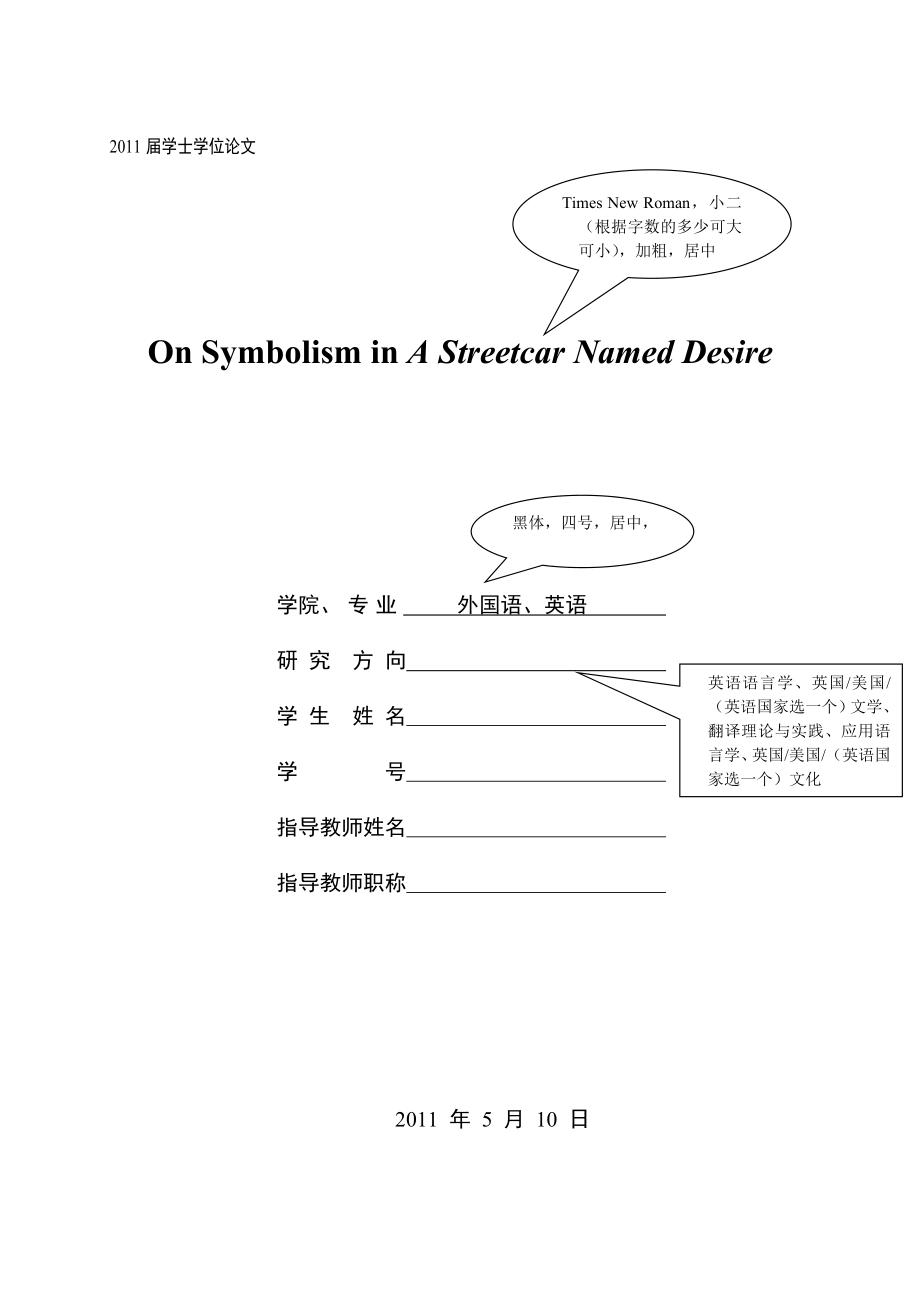 On Symbolism in A Streetcar Named Desire附：毕业论文格式.doc_第1页