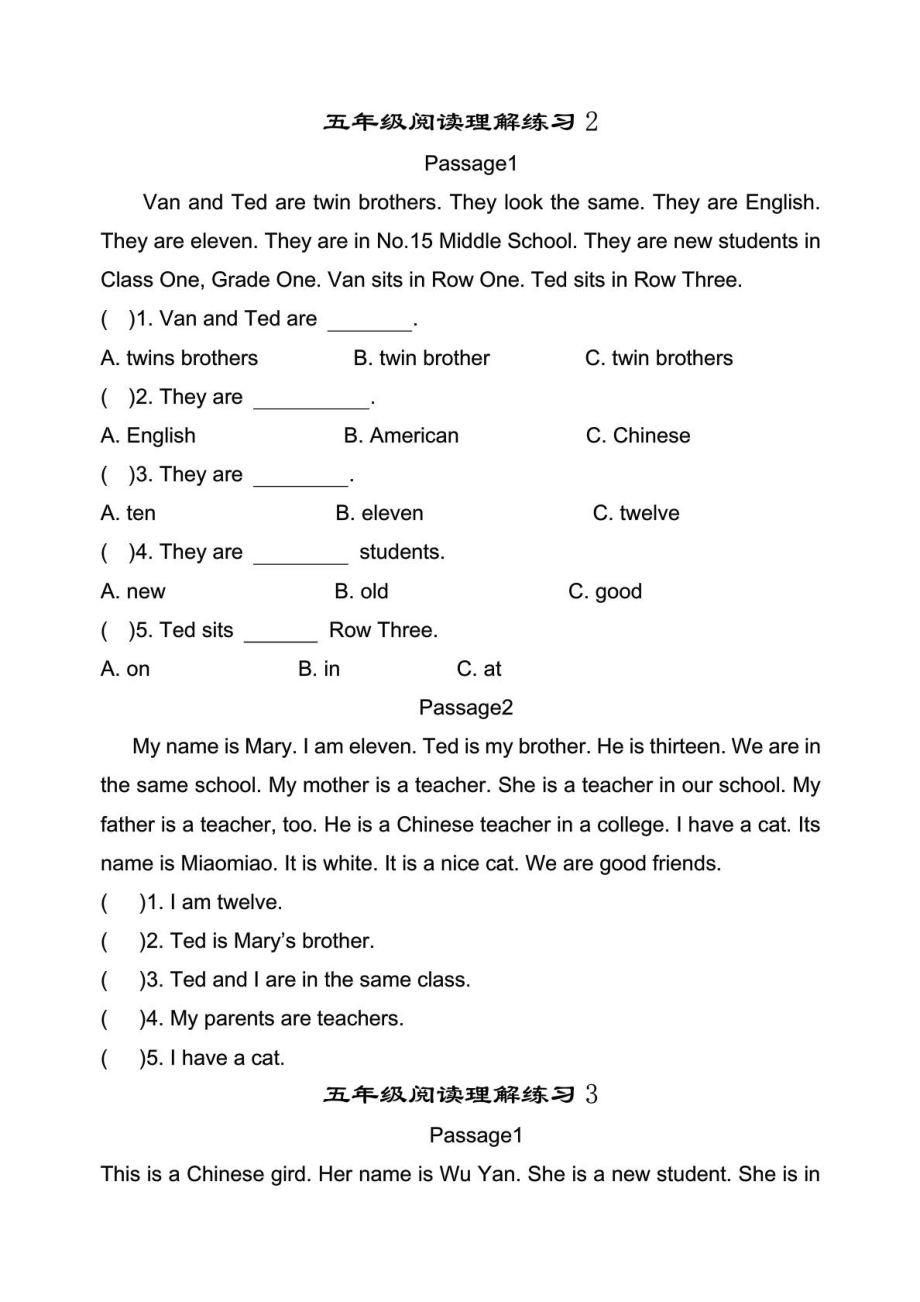 小学英语五级阅读理解练习题 含答案.doc_第2页