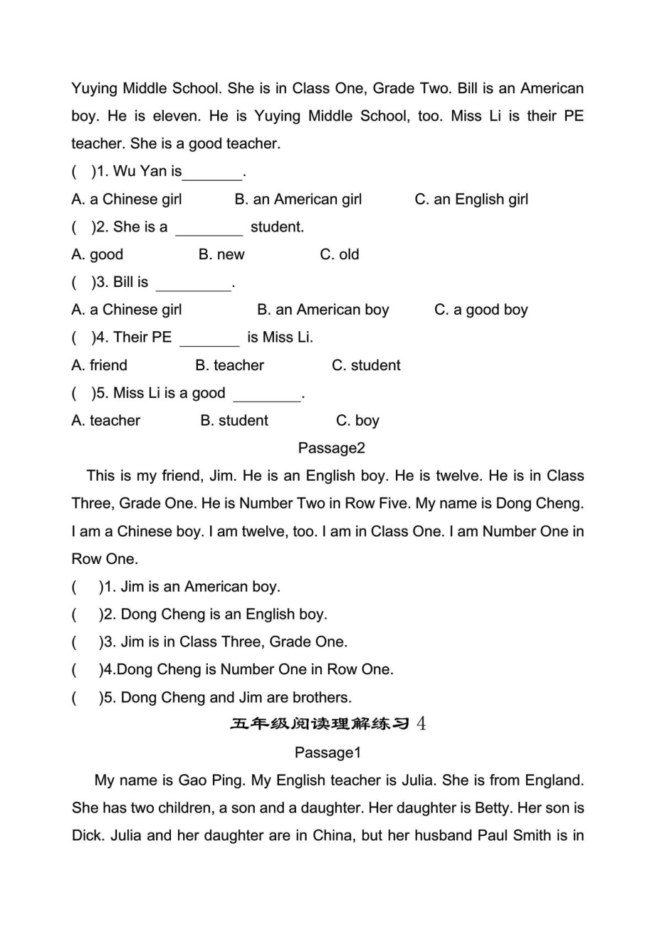 小学英语五级阅读理解练习题 含答案.doc_第3页